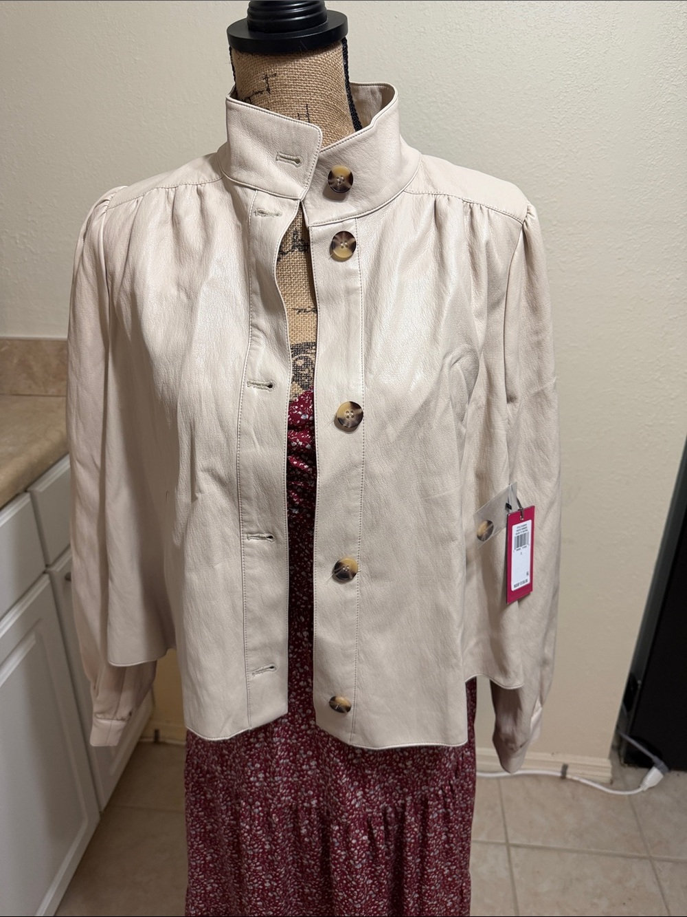 Women's Cream Button-Front Lightweight faux leather Jacket